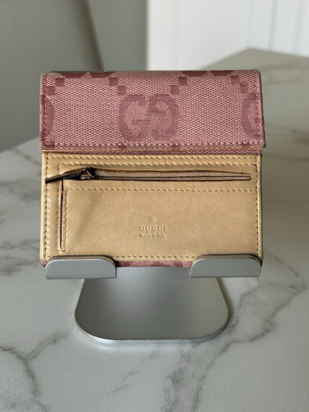 Gucci Pink Jumbo GG Canvas and Leather Trifold Wallet